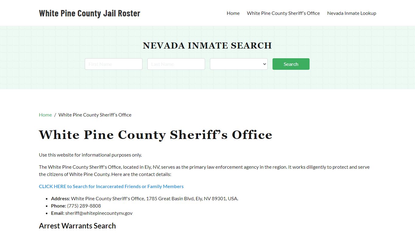 White Pine County Sheriff Office, NV, Arrest Warrants Search